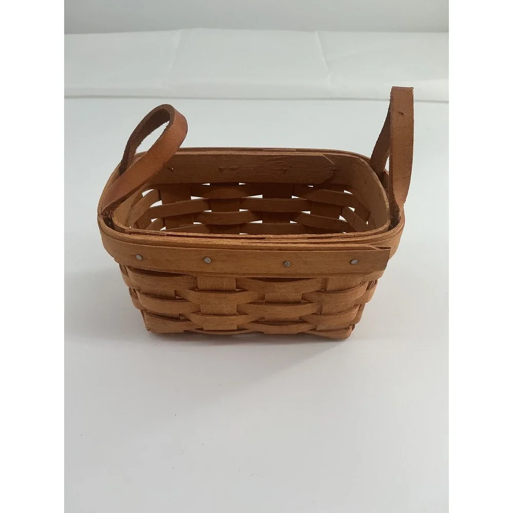 Longaberger 1990 Miniature Handwoven Basket with Leather Handles Natural Wood